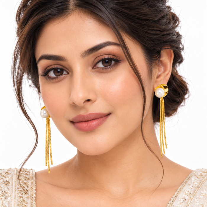 Elegant Gold Pearl Tassel Earrings Portrait Elegant Gold Pearl Tassel Earrings Portrait