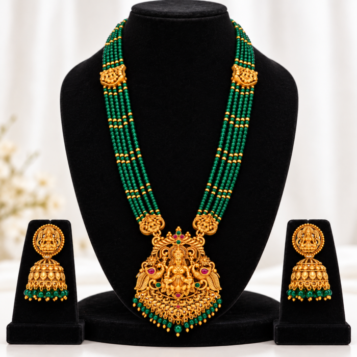 Emerald Beaded Temple Jewellery Set Emerald Beaded Temple Jewellery Set