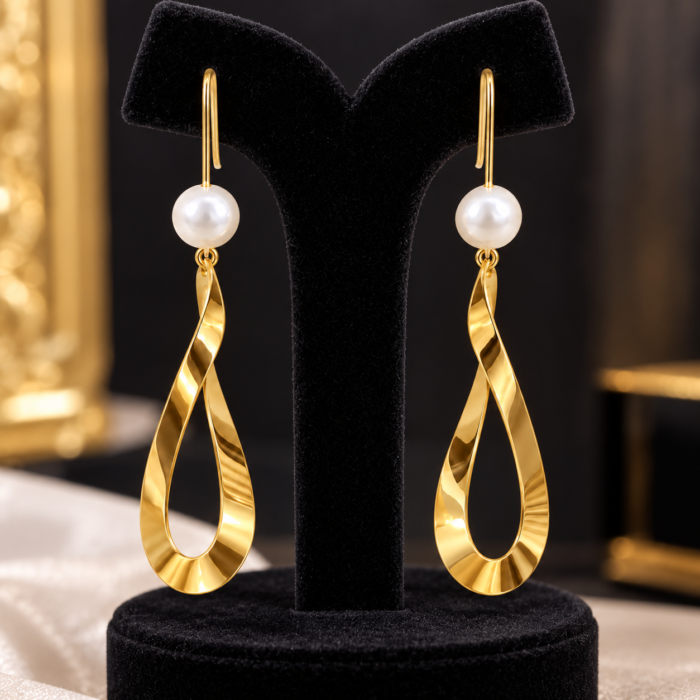 Gold Pearl Drop Earrings on Velvet Stand Gold Pearl Drop Earrings on Velvet Stand