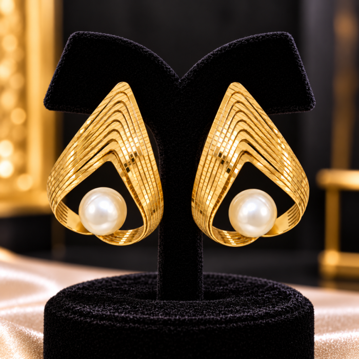 Gold Pearl Earrings on Velvet Display Gold Pearl Earrings on Velvet Display