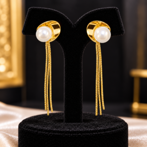 Gold Pearl Tassel Earrings on Velvet Stand