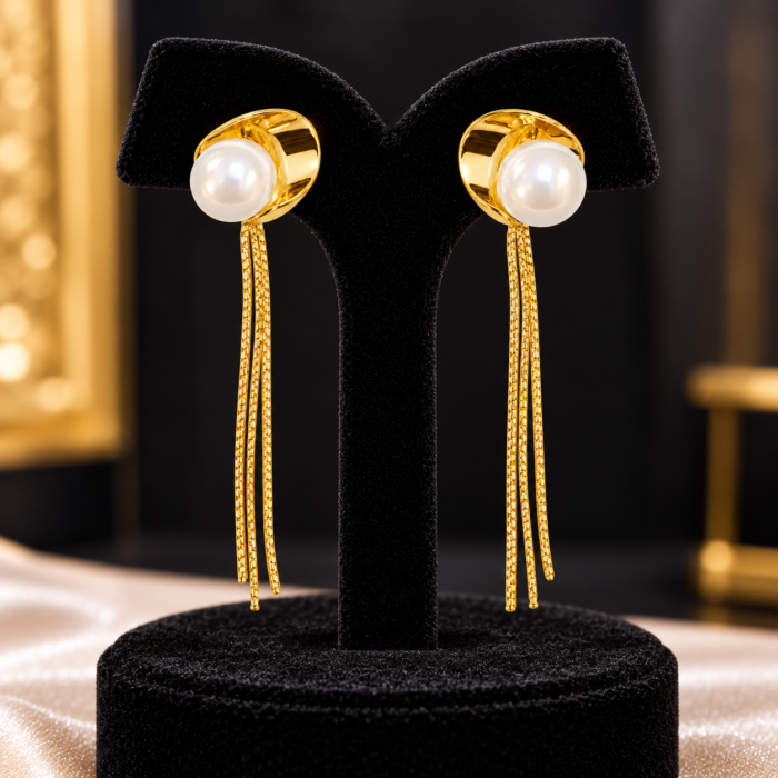 Gold Pearl Tassel Earrings on Velvet Stand Gold Pearl Tassel Earrings on Velvet Stand